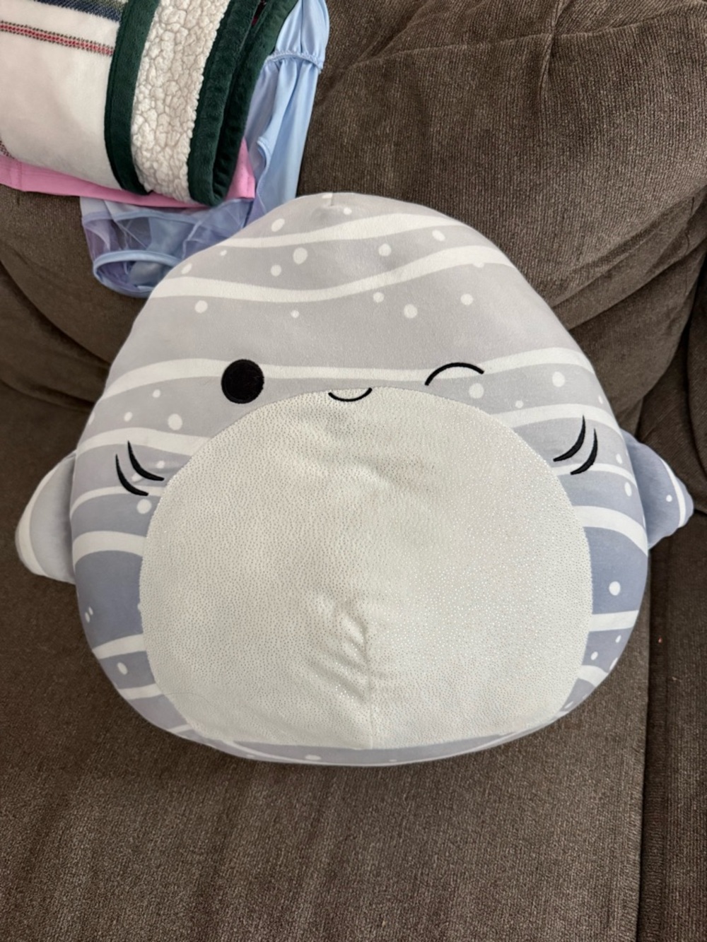 Plush Whale Shark Cushion - Light Gray Kid's Comfort Pillow- Squishmallow